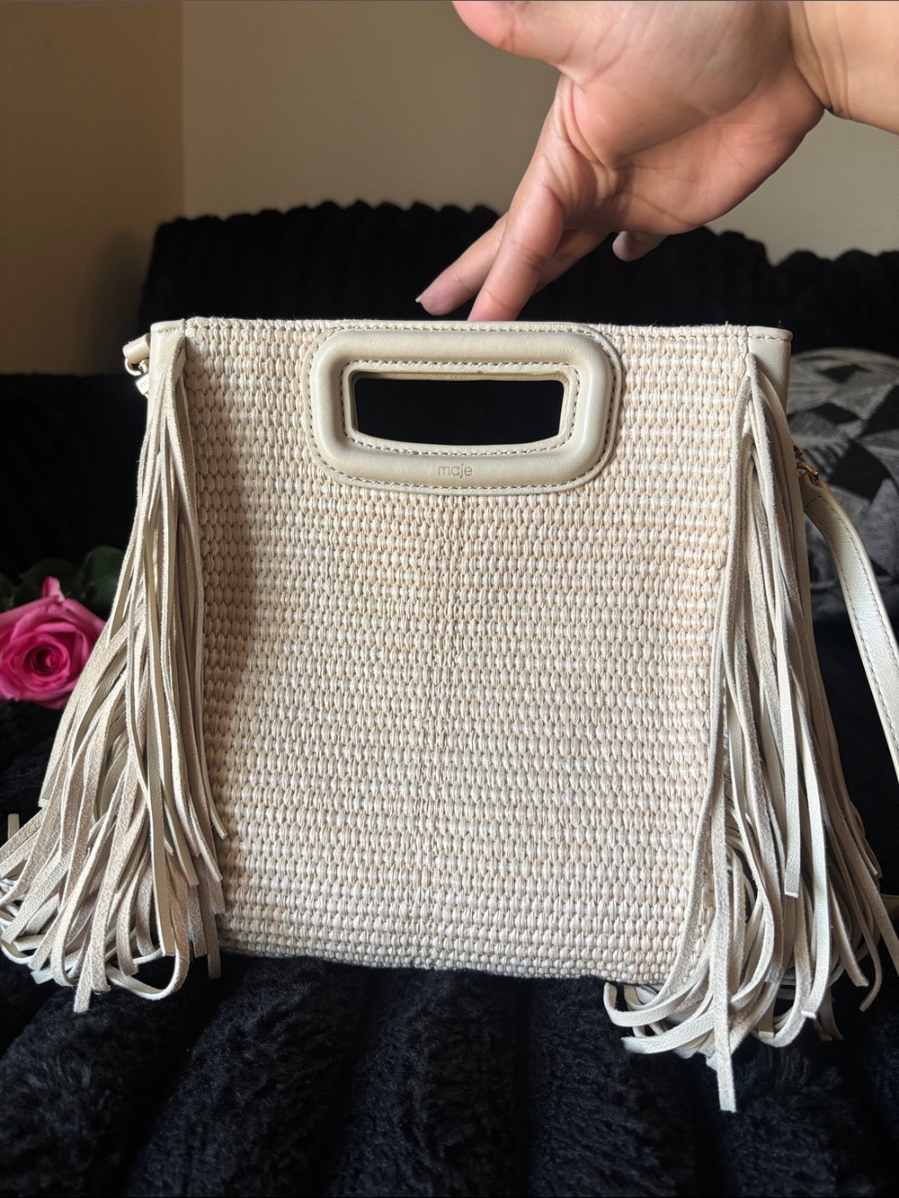 Maje Cream Fringe Woven Shoulder Bag